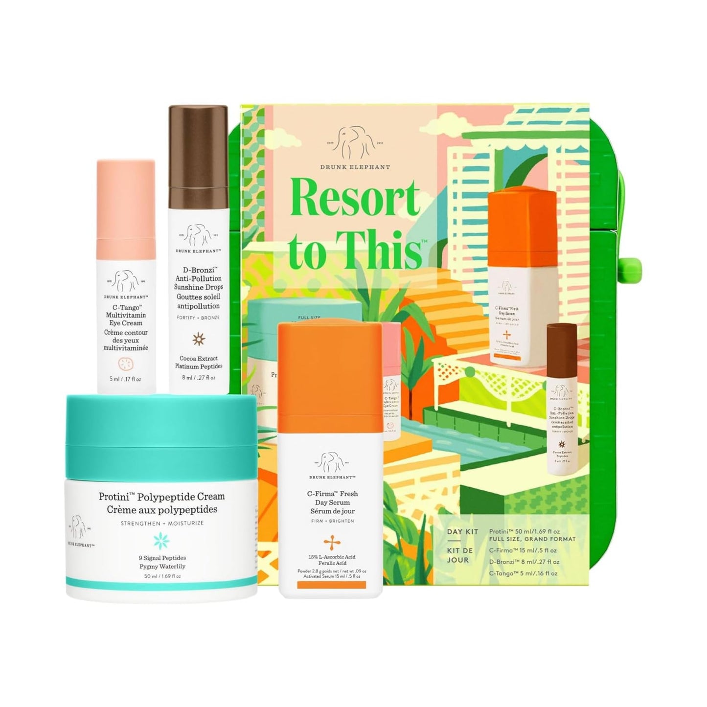 Drunk Elephant Resort to This Day Kit - Includes Protini Cream (50 ml/1.69 fl oz), C-Firma (15 ml/.5 fl oz), D-Bronzi (8 ml/.27 fl oz), and C-Tango (5 ml/.16 fl oz)