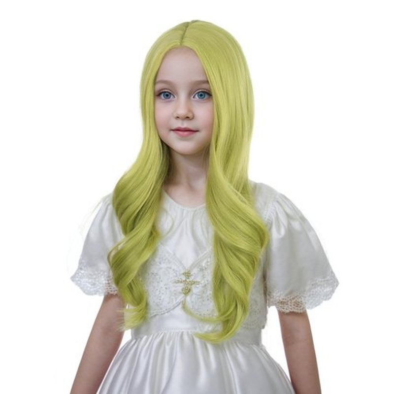 Ufindcos Green Wig for Kids Long Wavy Curly Avocado Green Hair Wigs for Child Green Wig for Girls Middle Part Natural Looking Synthetic Wig with Wig Cap（Avocado Green）