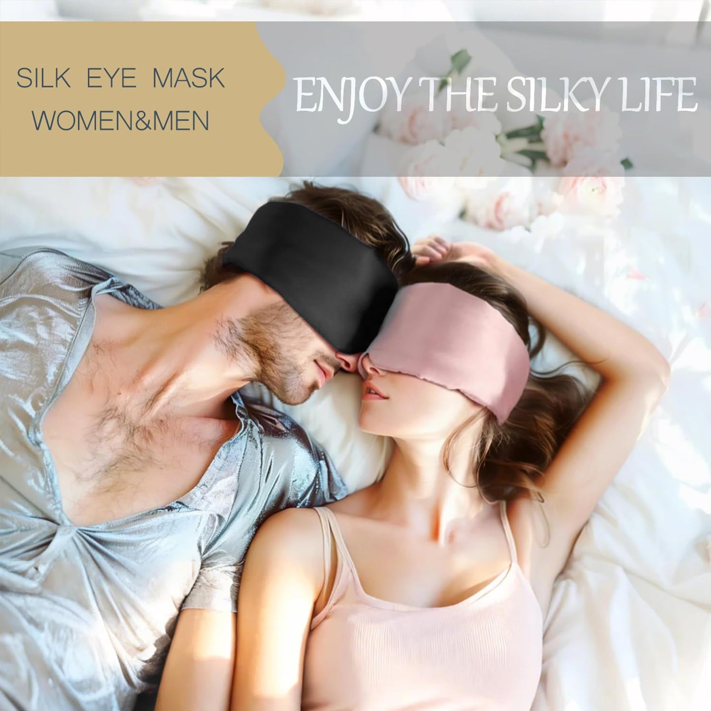 Loouforial Silk Eye Mask for Sleeping 2 Pack, 100% Natural Silk Sleep Masks for Women Men, Soft Pressureless Cooling Blackout Satin Eye Mask Fits All Heads with Adjustable Strap for Home & Travel