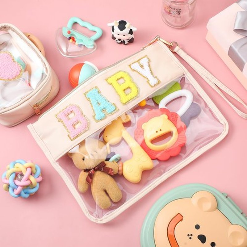 Hillban 2 Pcs Baby Bag Set Chenille Letter Bags Preppy Patch Makeup Bag Baby Travel Bags Waterproof Portable Toiletry Storage Bag for Women Mom (Baby Theme)