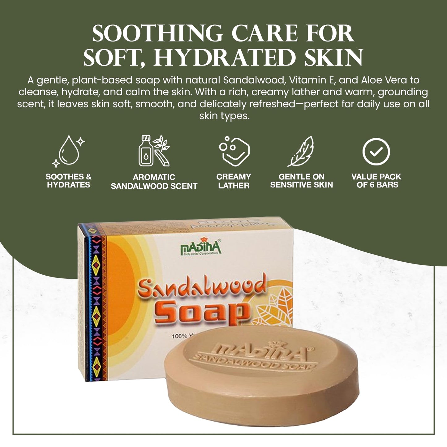 Madina Sandalwood Soap Bar – Moisturizing, Gentle Cleanser, Aromatic Sandalwood, Vitamin E, Aloe Vera, 100% Vegetable-Based, For All Skin Types, 6 Pack (3.5 oz Each)