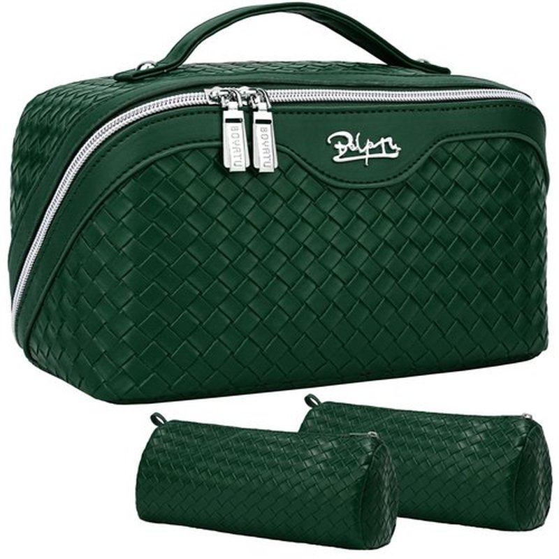 BOYATU Makeup Bag Travel Cosmetic Case: Large Capacity Woven Cosmetic Bag Organizer - Portable Toiletry Bags with Handle for Women 1-Z-Olive