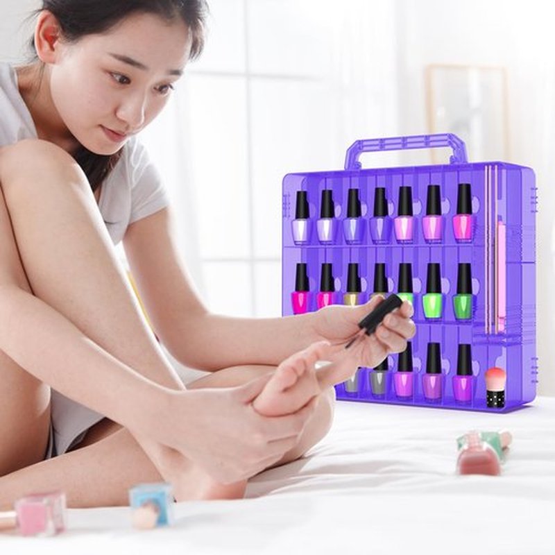 Beloving Nail Polish Organizer Case for 48 Bottles Nail Polish Holder with Adjustable Divider, Gel Nail Polish Storage Double Side Nail Polish Organizer Case for Storage Display, Purple