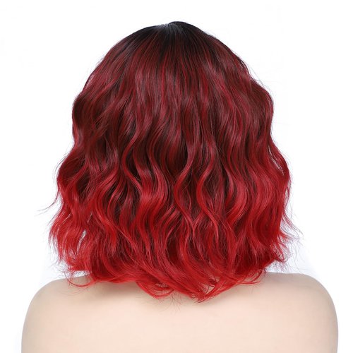 Rose bud Wavy Bob Wig with Bangs Natural Ombre Red Wig Synthetic Hair Shoulder Length Short Curly Wigs for Women