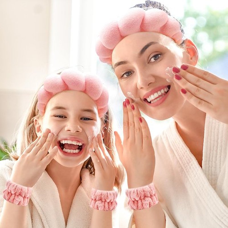 Zkptops Spa Headband for Washing Face Wristband Set Sponge Makeup Skincare Terry Cloth Bubble Soft Get Ready Hairband for Women Girl Puffy Padded Headwear Non Slip Thick Hair Accessory(Coral Pink)