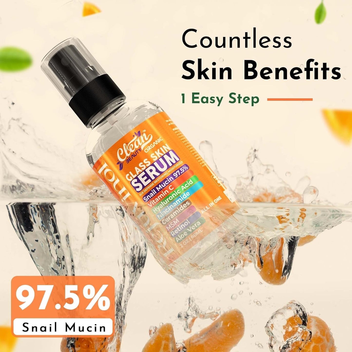 Clean Beauty Snail Mucin Serum Vitamin C Face Serum Anti Aging with Hyaluronic Acid Niacinamide Retinol MSM Aloe Vera & Ceramides - Korean Skin Care Dark Spot Remover for Glowing Skin - Pack of 2
