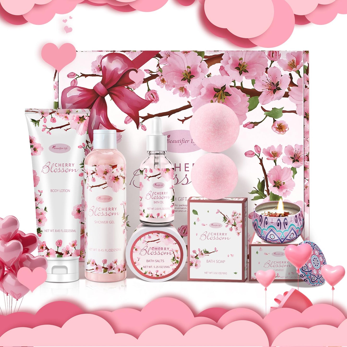Beautifier Life Bath and Body Gift Set for Women - Luxurious Home Spa Gift Set,Japanese Cherry Blossom 7-Piece Set Including Shower Gel,Body Lotion,Bath Oil,Bath Salt,Soap,Bath Bombs and Candle