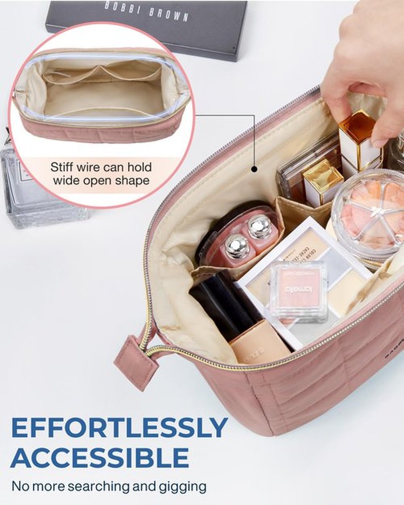 BAGSMART Makeup Bag Travel Toiletry Bag, Puffy Padded Make Up Bags for Women Makeup Organizer Case, Wide-open Pouch Purse Travel Essentials Toiletries Accessories Brushes, Dark Pink