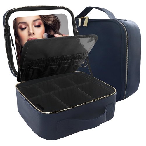 MOMIRA Makeup Bag with Mirror and Light Travel Makeup Train Case Cosmetic Bag Organizer Portable Artist Storage Bag with Adjustable Dividers Makeup Brushes Storage Organizer Royal blue