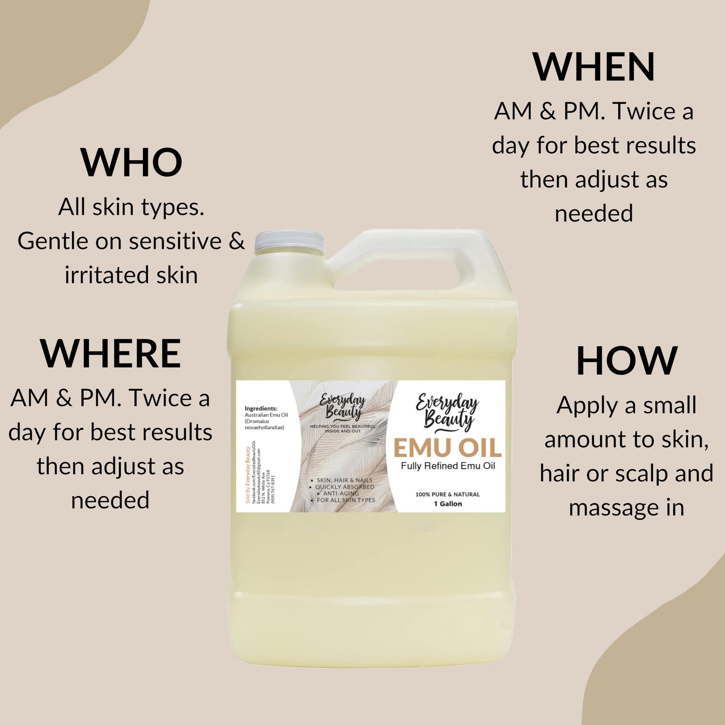Emu Oil Bulk - 1 Gallon Pure & All Natural Refined Australian Emu Oil for Face, Skin and Hair - Great for Sensitive Skin and Hair Growth - For Scars and Piercings - High in Omega 3,6 and 9 Fatty Acids