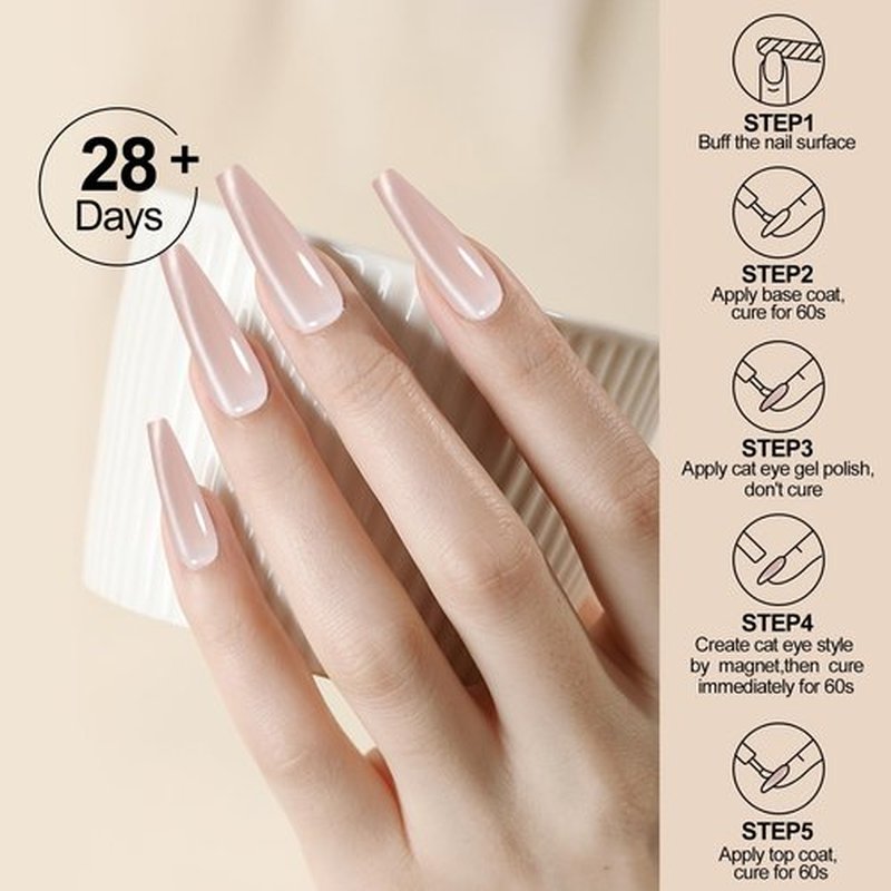 Adhere 7Pcs 5G Ultrafine Magnetic Water Light Sensation Colorful Light Cat Eye Gel Nail Polish, Transparent Light Pink Colored Glass Bead Cat Eye with Magnet Brush