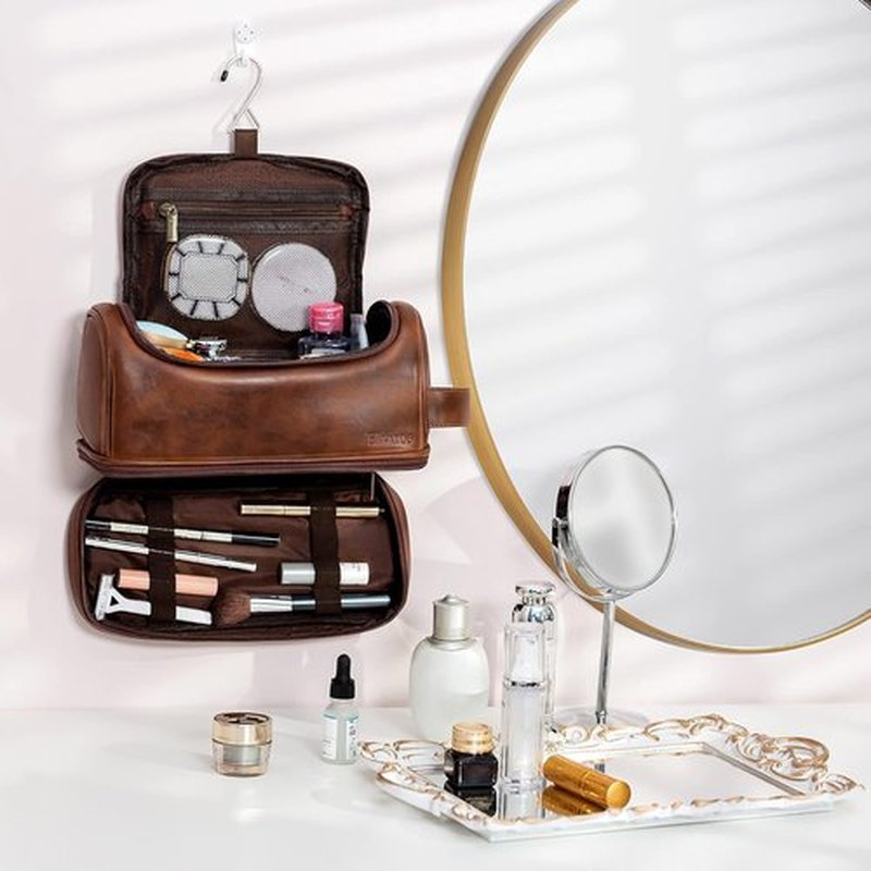 Elviros Toiletry Bag, Mens Leather Travel Organizer Kit with hanging hook, Large Water-resistant Toiletries Bathroom Shaving Bags for Women (Large, Dark Brown)