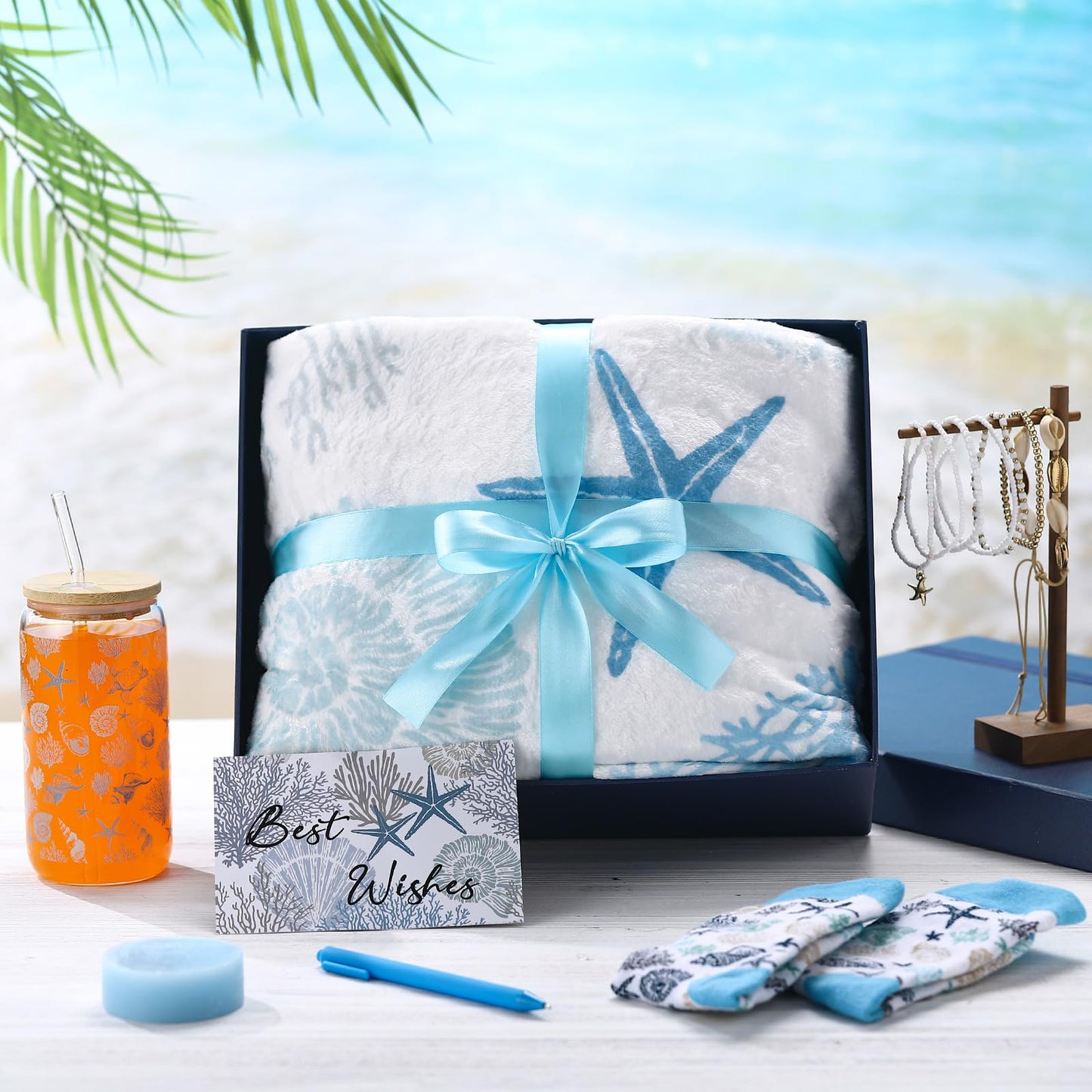 Acellegic Ocean Beach Birthday Gift Set for Women Throw Blanket 50 x 60 Inch Starfish Seashell Coral Themed Include Bracelet, Card, Pen, Soap, Glass Tumbler, Socks for Her Friend Mom Thinking of You