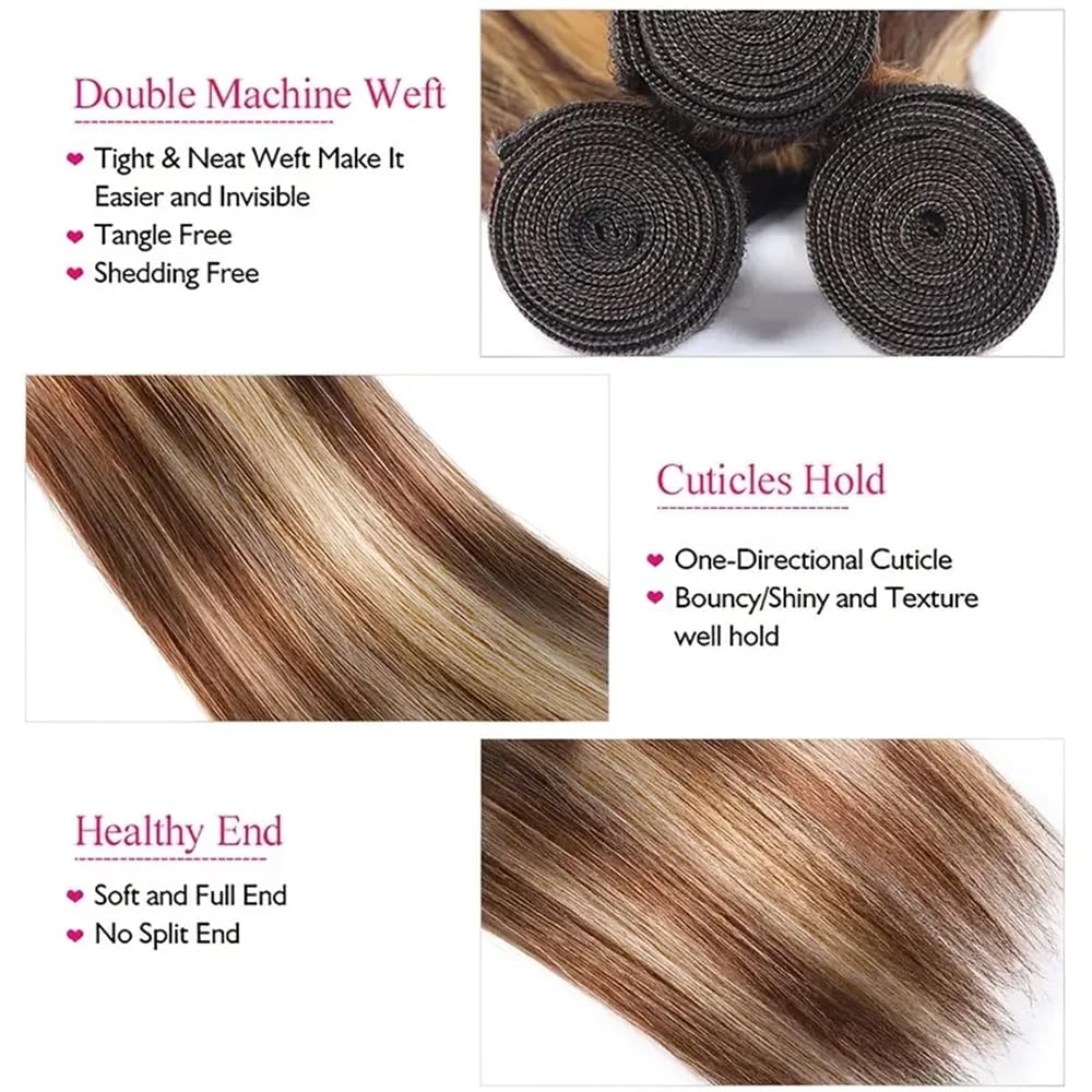 P33/613 Straight Bundles Human Hair Highlight Bundles Braizlian Virgin Hair 3 Bundles 12 14 16 Inch Two Tone Auburn Brown Mixed With 613 Blonde Straight Bundles Hair Extensions for Women