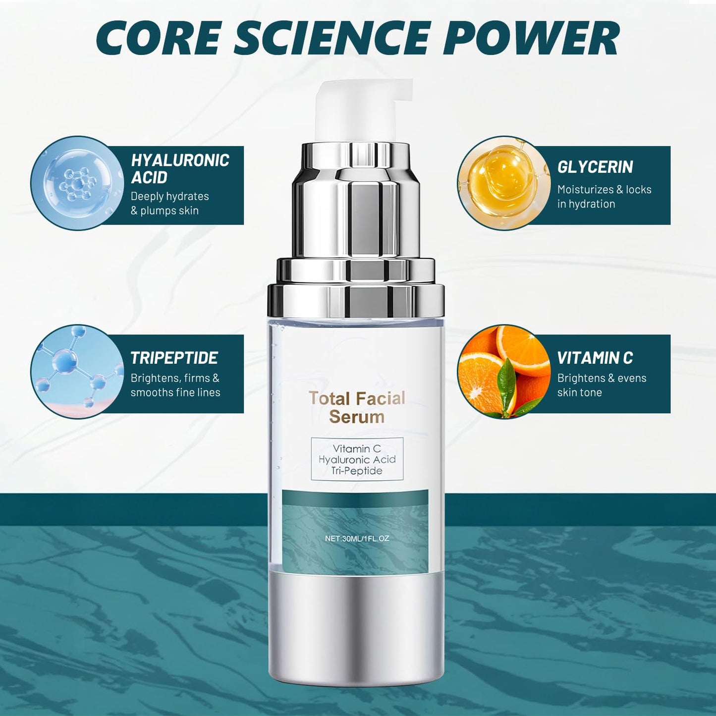 Total Facial Serum, Anti-Aging Vitamin C Serum, Hyaluronic Acid & Peptides, Hydrating Moisturizing Skin Care, 1 Fl Oz