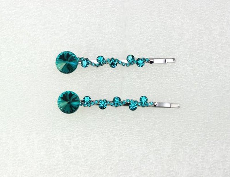 Faship A Pair Of Teal Premium Rhinestone Crystal Rhinestone Floral Hair Clips 2 Pcs Pins - Teal