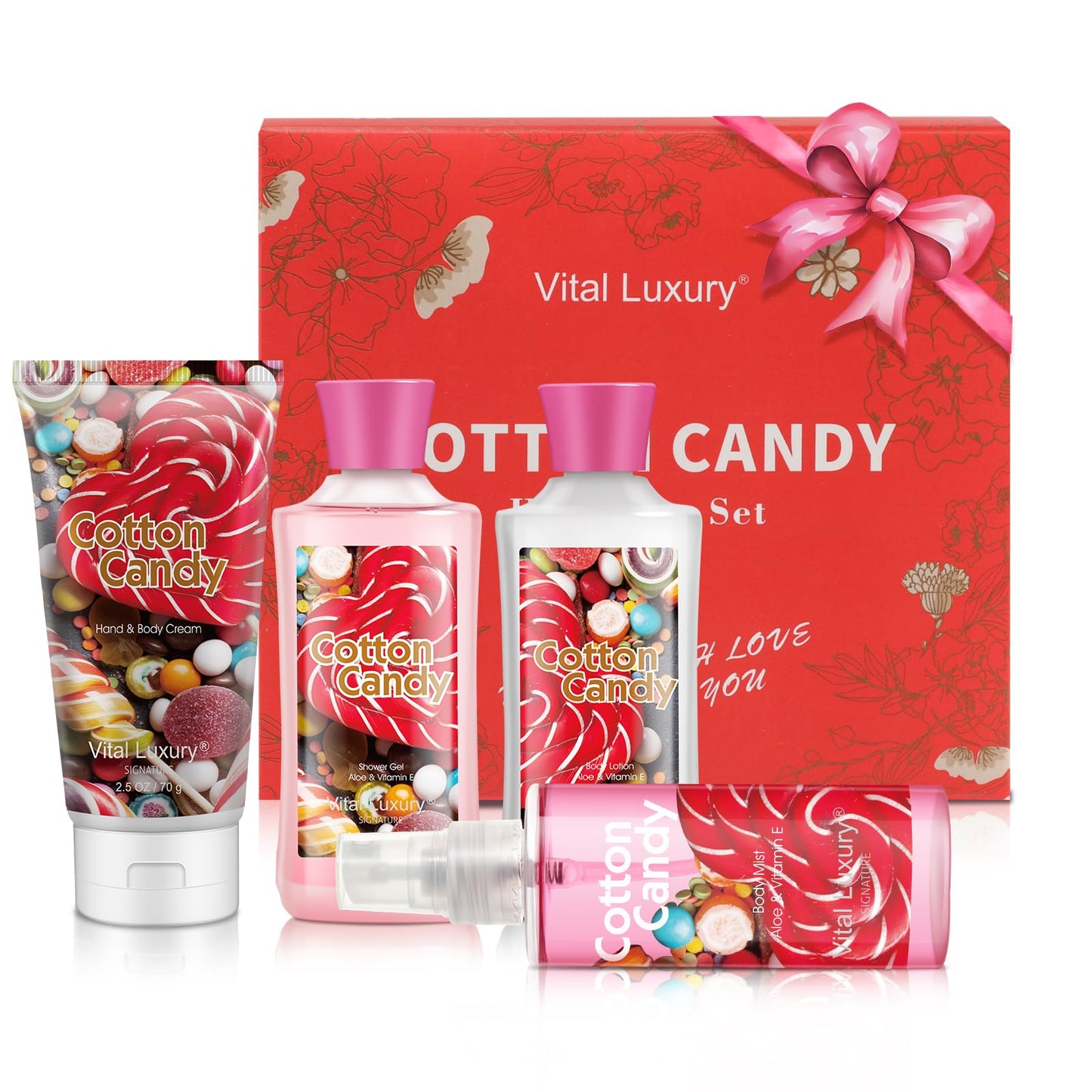 Vital Luxury Cotton Candy Bath and Body Gift Set - 4-Piece Travel Kit with Body Lotion, Shower Gel, Body Cream & Fragrance Mist (3 Fl Oz) - Natural Extracts, Personal Self Care Kit for Women/Men