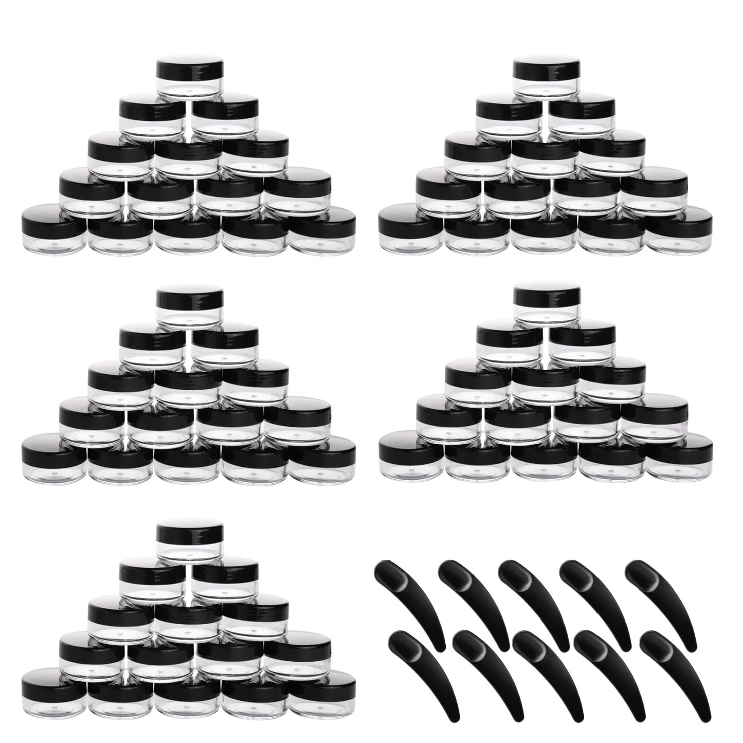 BTYMS 100 Count Refillable Plastic Sample Containers with Lids and 10 Pcs Makeup Spatula