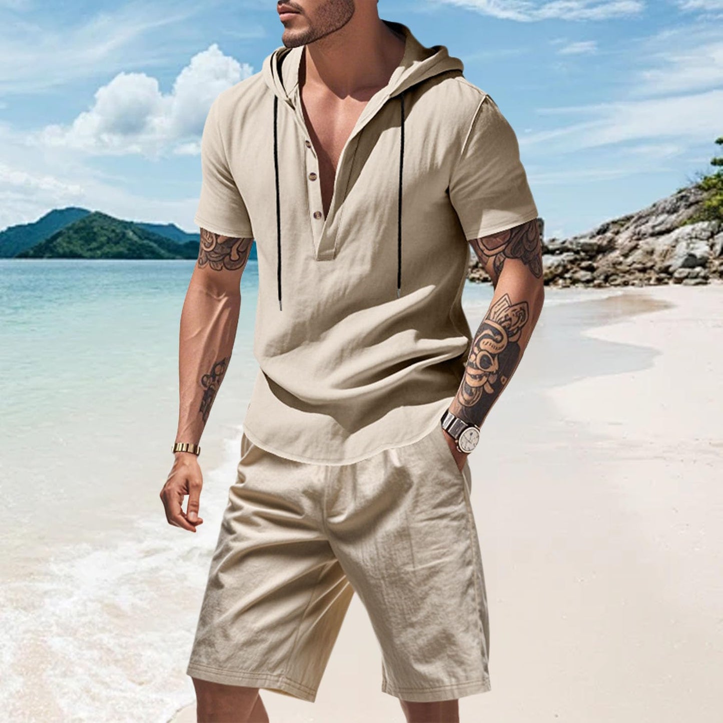 Costaric Men's 2 Piece Linen Outfits Short Sleeve Hooded Shirt and Shorts Set Casual Summer Matching Set Athletic Workout Beach Tracksuits Khaki 2XL