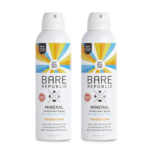 Bare Republic Mineral SPF 50 Sport Sunscreen Spray. Vanilla-Coco Sheer and Strong Water-Resistant Sunscreen Spray with SPF 50 (12 Ounces) 2 Pack.