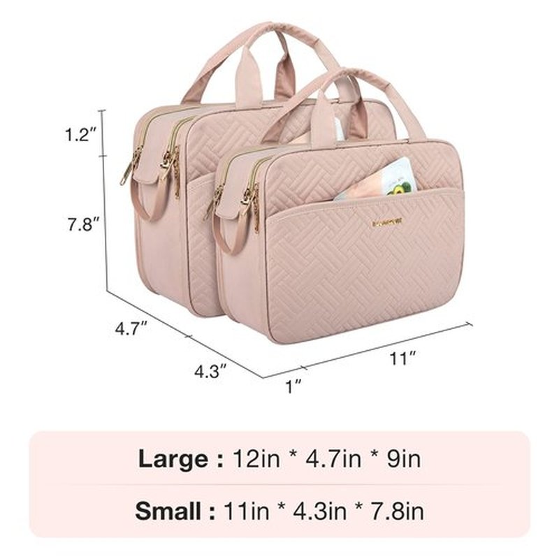 BAGSMART Travel Makeup Bag - Water-resistant Cosmetic Organizer for Full Sized Toiletries, Shampoo, and Accessories (Pink, Large)