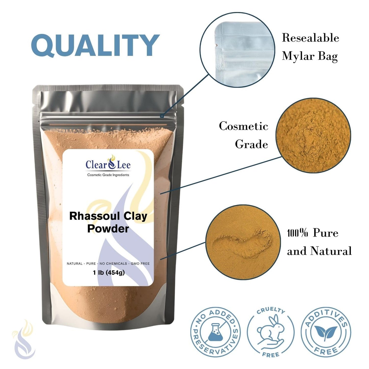 ClearLee Rhassoul Ghassoul Clay Cosmetic Grade Powder - 100% Pure Natural Powder - Great For Skin Detox, Rejuvenation, and More - Heal Damaged Skin - DIY Clay Face Mask (8 oz)