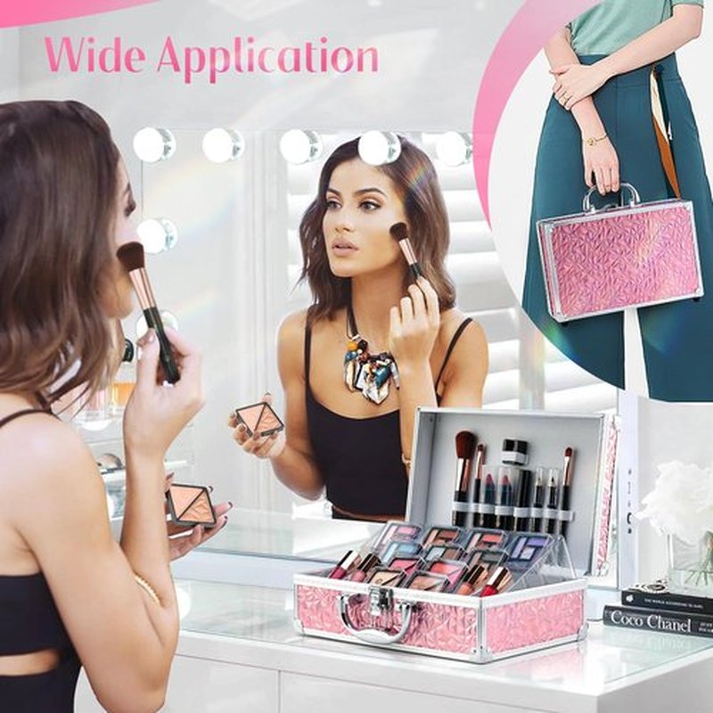 Color Nymph Makeup Case with Full Kit Cosmetics Set For Girls, Makeup Sets For Beginner Teenages Train Case Make Up Kit Cosmetics Box Includs Eyeshadow Lipstick Blush Lipgloss Mascara and Tools -Pink