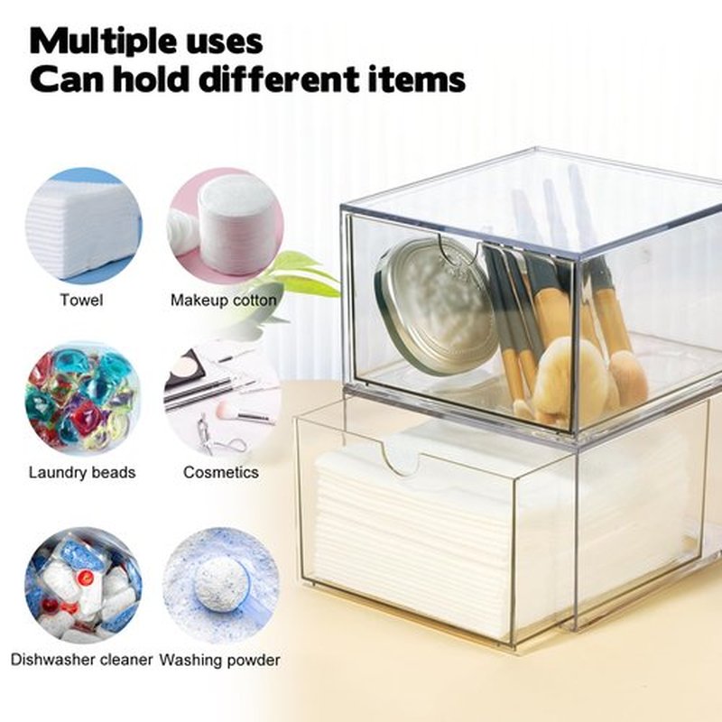 Rainmae 2 Pack Disposable Face Towel Holder, Face Towel Storage Box, Stackable Clear Makeup Organizer with Drawer for Clean Skin Club Face XL Towels Holder for Vanity Bathroom and Makeup Organization