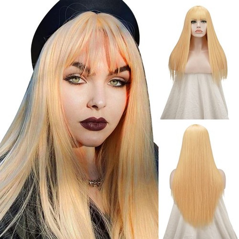 SOFEIYAN 26 inches Long Straight Wig with Bangs Blonde Synthetic Hair Replacement Wigs Heat Resistant Full Wig for Women Girls