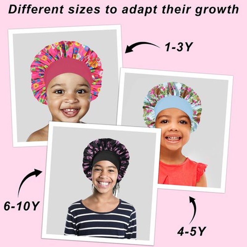3 Pcs Silk Hair Bonnet for Sleeping - Baby Satin Bonnets for Girls Kids Sleep Cap Hair Wraps for Curly Natural Hair with Elastic Wide Band (Black+Hot Pink+Blue)…
