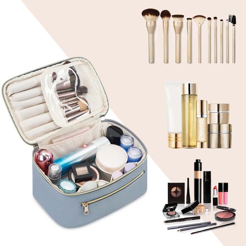Wandering Nature Makeup Bag, Travel Make Up Organizer Cosmetic Brush Bags Case for Women in Vegan Leather, Grayish Blue(Patent Pending)