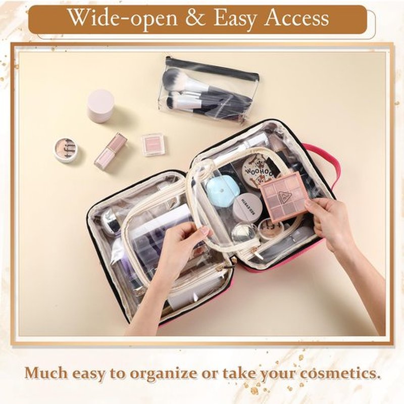 ZQQZAN Travel Cosmetic Bag - Leather Makeup Bag Organizer with Clear Makeup Pouch, Open Flat Design with Large Capacity, Travel Makeup Case for Women Girls, Hot Pink