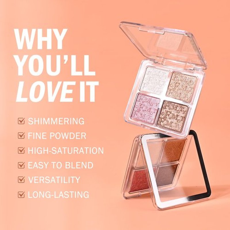 KYDA Baked Powder Highlighter, 4 Color Shimmer Glow Illuminating Powder Palette, Long lasting Face Highlighter Bronzer Makeup Palette for Girls Women-#02