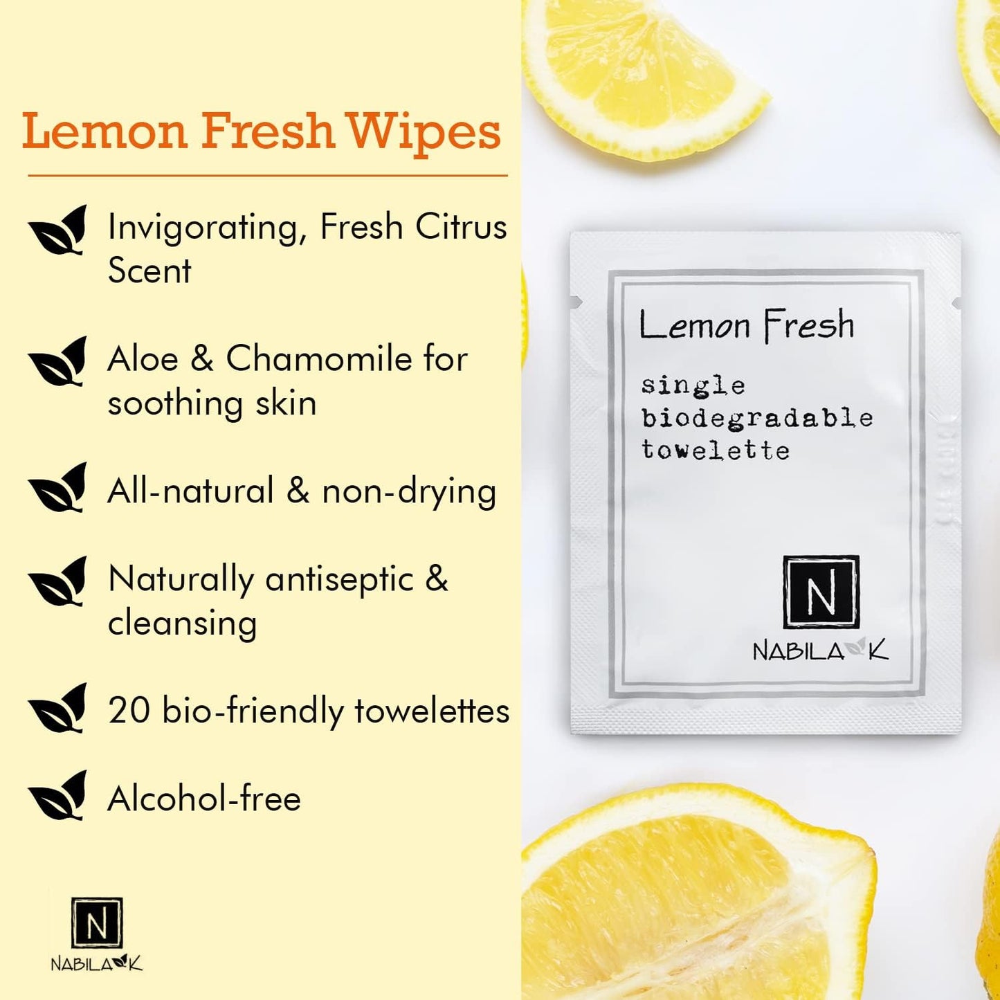 Nabila K Lemon Fresh Moist Towelettes - 20 Individually Wrapped Single-Use Wipes with Bamboo Gift Case - Alcohol-Free, Plant-Based, Biodegradable - Travel, Guest Bathroom, Spa, Events