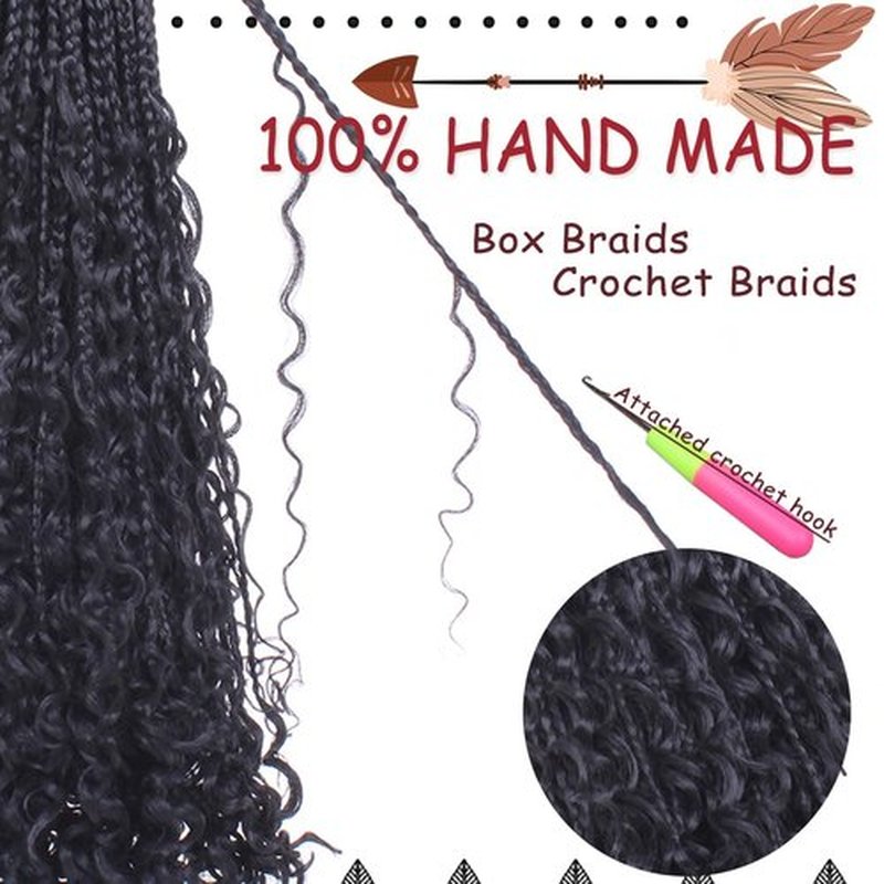 Beverlee 24 Inch Boho Box Braids 8 Packs Goddess Box Braids Crochet Hair Bohemian Hippie Braids Braiding Hair Box Braids with Curly Ends Messy Pre-looped Synthetic Crochet Hair for Black Women 1B#