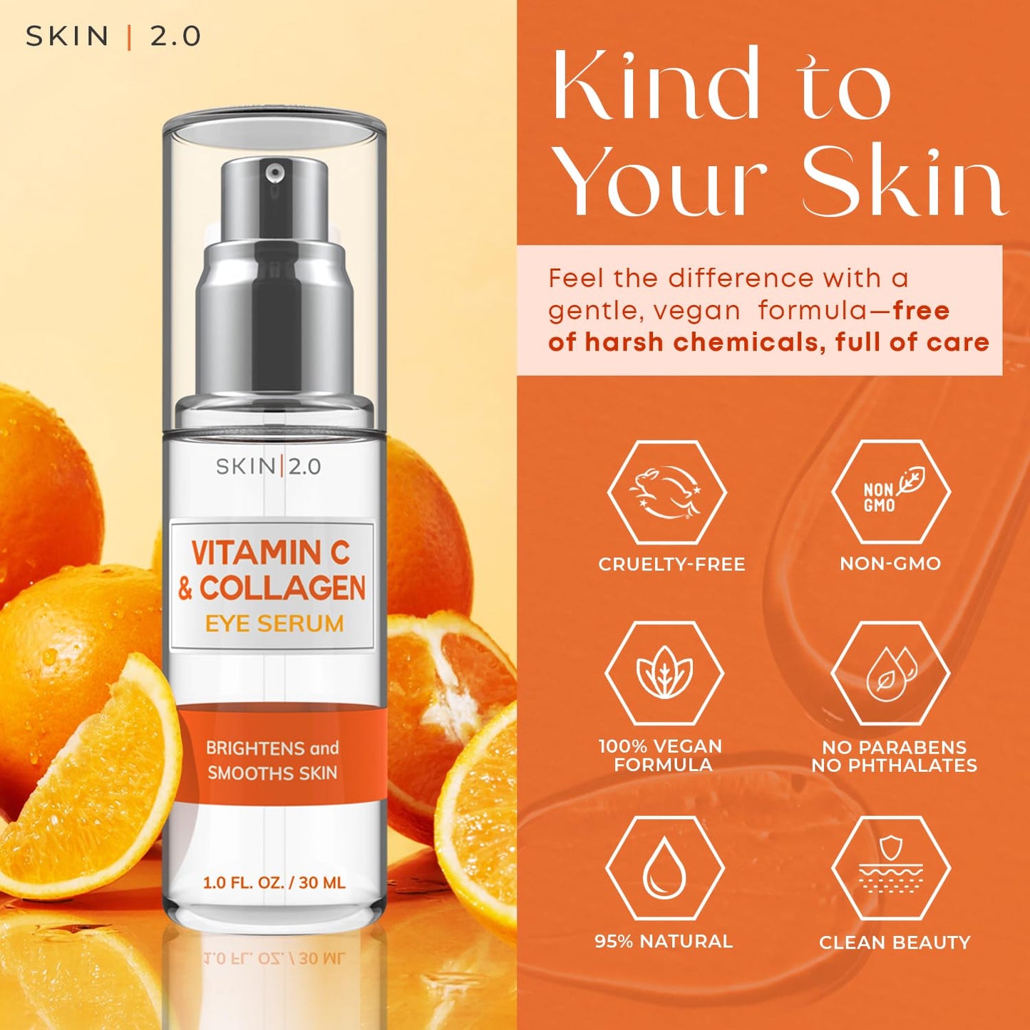 Skin 2.0 Vitamin C & Collagen Under Eye Serum – Dermatologist Tested, Anti Aging Korean Skin Care – Targets Dark Circles, Puffiness & Fine Lines for Smoother, Firmer Eyes – Vegan Clean Beauty, 1 fl oz