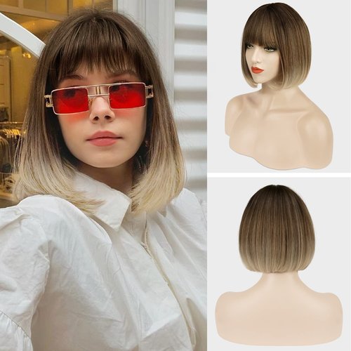 SOFEIYAN Short Straight Ombre Brown Bob Wigs with Bangs Synthetic Wigs Colorful Daily Party Cosplay Hair Wig for Women Ladies 12 inch Short Bob Wigs