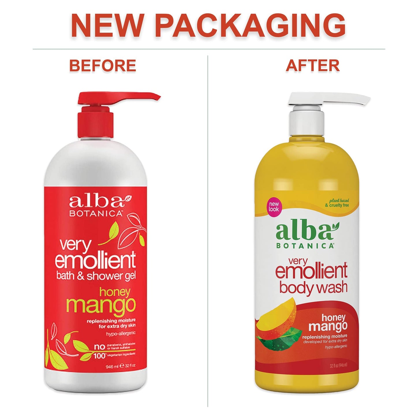 Alba Botanica Very Emollient Body Wash, Honey Mango, 32 Oz (Packaging May Vary) (Pack of 2)