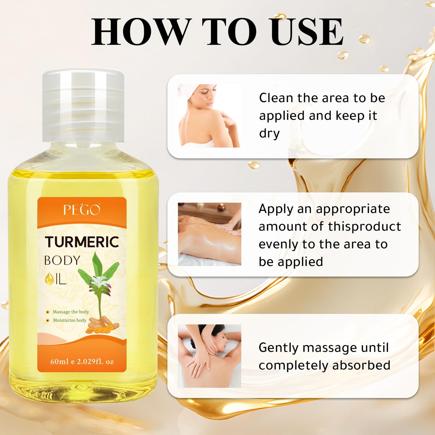 PEGO Turmeric Body Oil for Adults,Deep Moisturizing Massage Oil,Multi-Use for Face, Leg, Body, Hair Care, Foot & Buttock, Natural Turmeric Infused for Dry Skin Reliefs (1Pack)