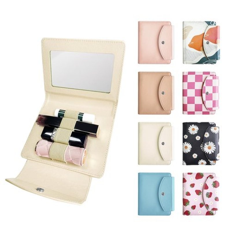LAOTANGJIA PU Lipstick Case Holder with Mirror,Holds 4pcs of Long Lipsticks,Lipstick Holder,Makeup Travel Cases Organizer Bag for Outside Mini Bag Pouch,for Gift Women Girls,Leaves