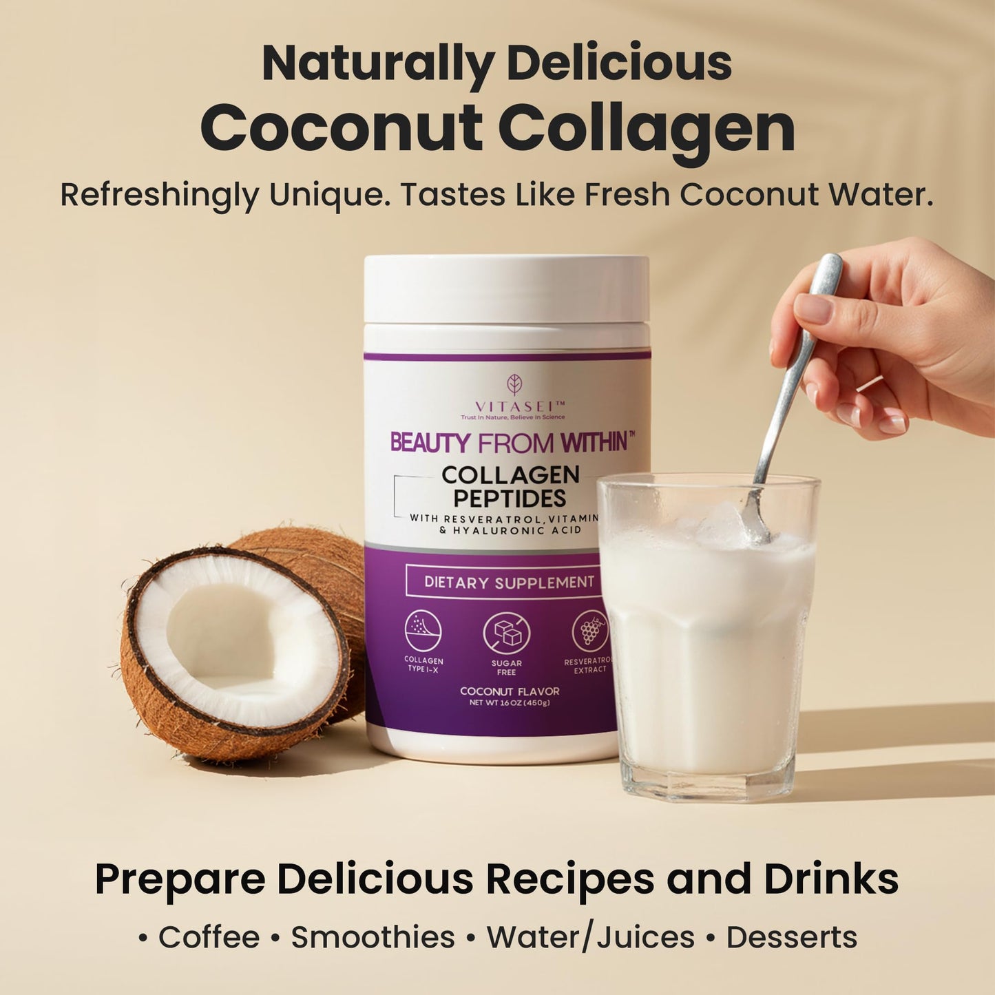 VITASEI Collagen Peptides Powder – Hydrolyzed Collagen with Resveratrol, Vitamin C & Hyaluronic Acid – Hair, Skin, Nails & Joint Support – Coconut Flavor, 16 oz (30 Servings)