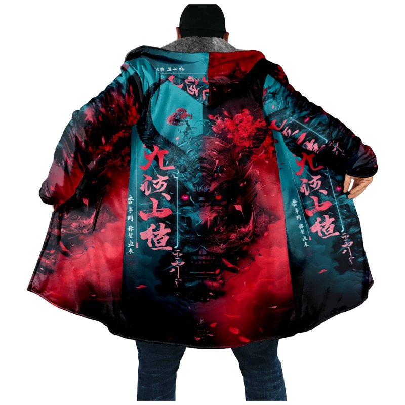 domirica Oni Demon Mask Hoodie Japanese Style Retro Y2K Oni Demon Mask Graphic Long Sleeve Winter Warm Zip UpHooded Long Sweatshirt Fleece Sherpa Lined Novelty Big And Tall Heavyweight Jacket,2XL