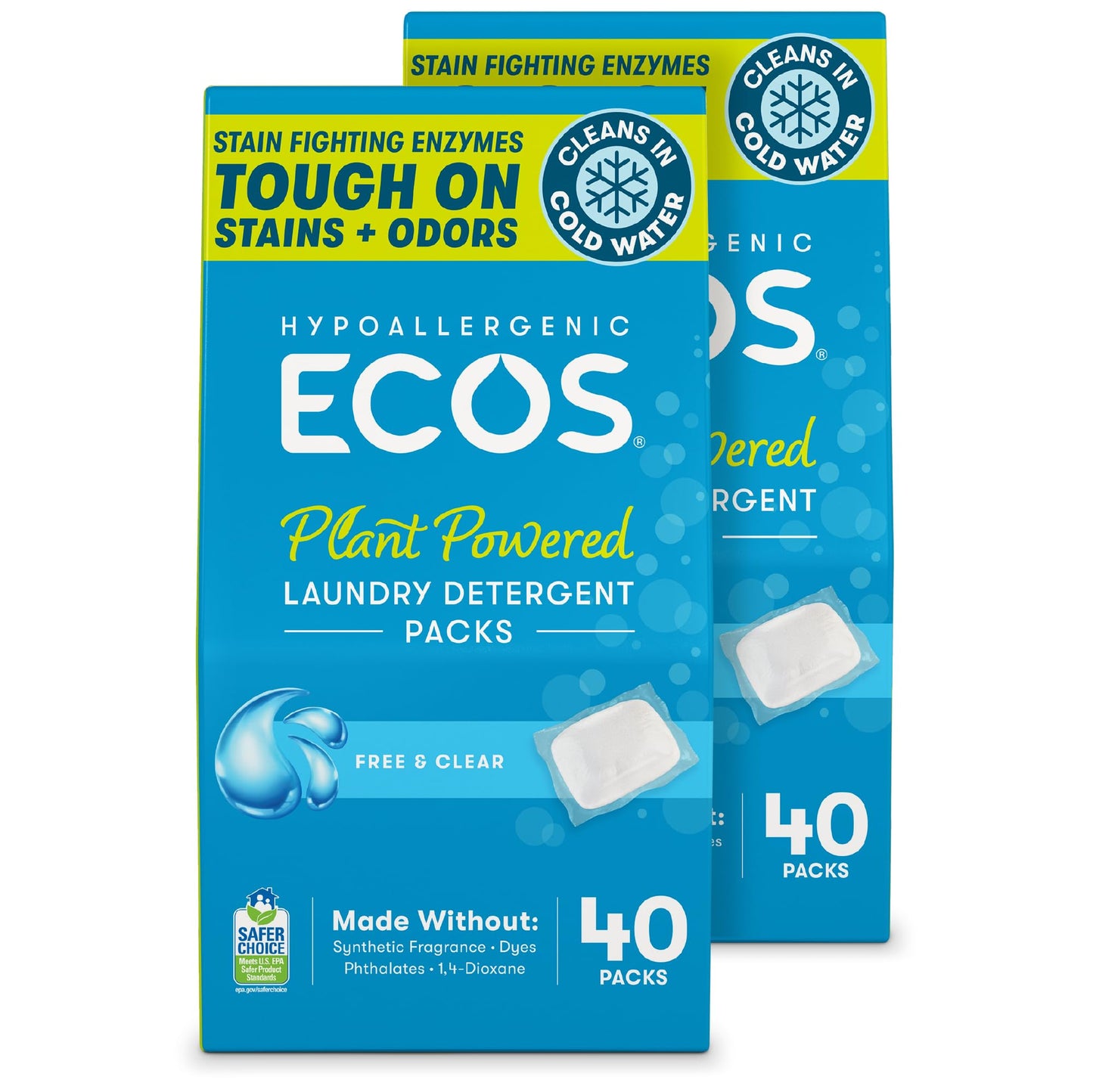 ECOS Laundry Detergent Packs, 80 Loads - 100% Plastic Free Packaging - Convenient No Mess Washing Soap Packs - Hypoallergenic for Sensitive Skin - Free & Clear