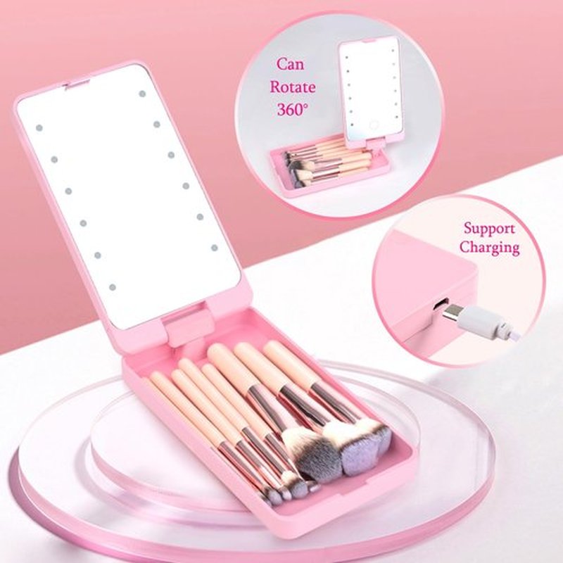 8-Piece Initials Makeup Brush Set With Led Light Mirror,Travel Makeup Brush Set,Monogrammed Gifts, Personalized Women'S Creative Gifts(Pink, M)