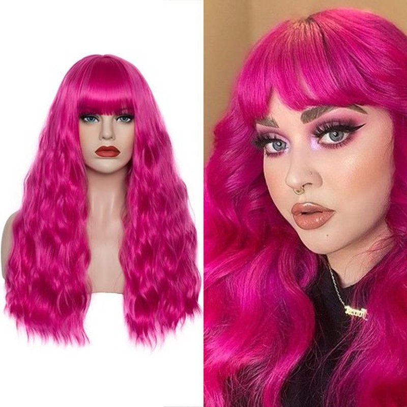 WGPFWIG Women's Hot Pink Wig 22''Long Curly Wavy Wig Shoulder Length Flat Bangs Wig For Women Girl Cosplay Party Halloween Wig Cap Included (22''Hot Pink)