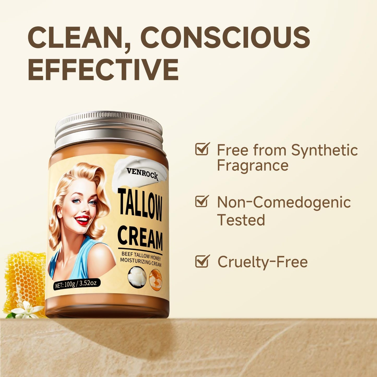 Venrock Beef Tallow Balm with Honey, Hyaluronic Acid & Niacinamide - Non-Greasy, Quick Absorbing Whipped Face Moisturizer for Soft, Smooth, Hydrated Skin 3.5oz