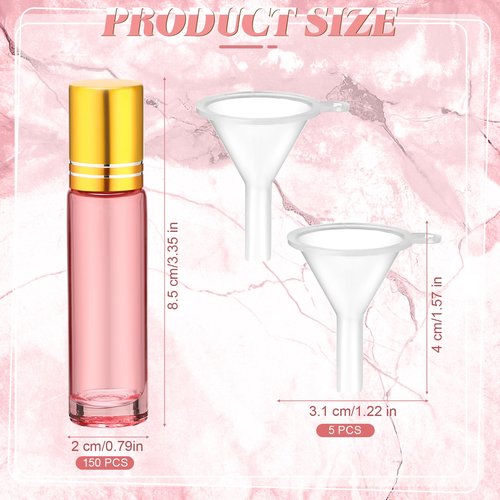 Sumind 150 Pcs Essential Oil Roller Bottles 10 ml Glass Roller Bottles with Stainless Steel Roller Balls Empty Bottles Leak Proof Roll on Bottles with 5 Funnel for Travel Essential Oil (Pink)