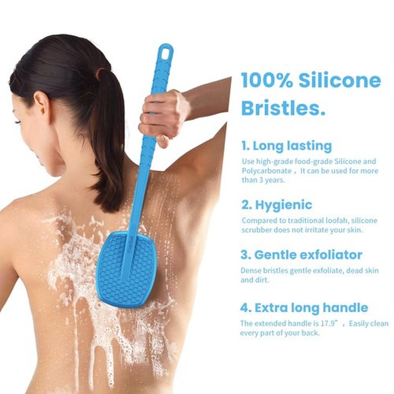 iTokGoK® All New Premium Silicone Back Scrubber with Tire Anti-Slip Long Handle for Shower, Gentle Exfoliating and Massage Brush Scrubber for Sensitive Skin for Men and Women (Sky Blue)