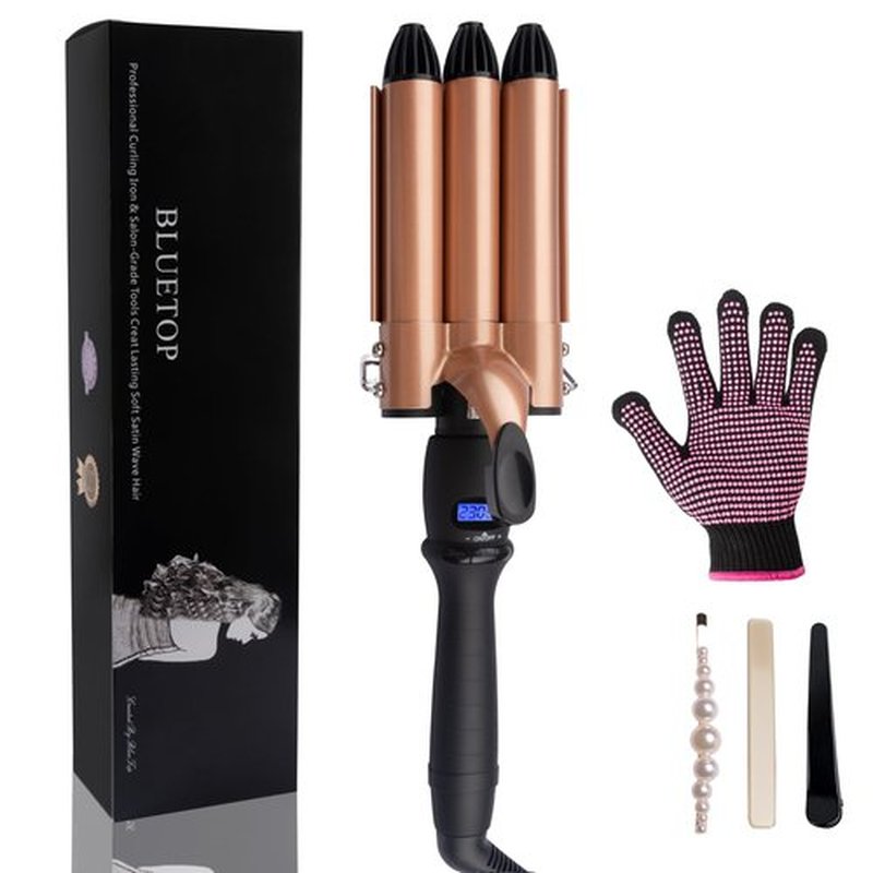 3 Barrel Wave Crimping Iron with LCD Display, 1 inch Ceramic Triple Barrel Beach Waver, Dual Voltage