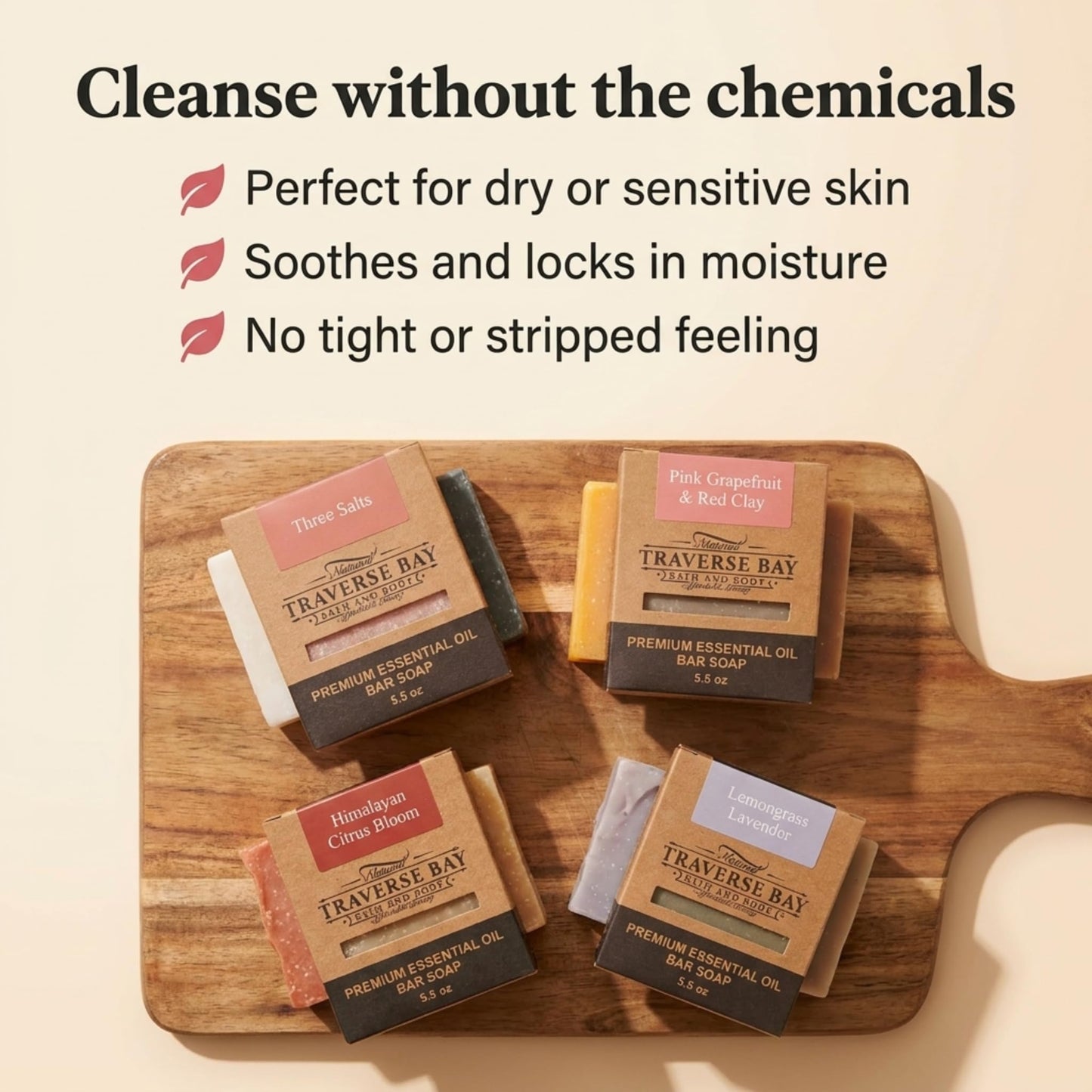 Traverse Bay Bath and Body Natural Cold Process Soap Citrus & Salt 4-Bar Variety Pack, Three Salts, Pink Grapefruit & Red Clay, Himilayan Citrus Bloom, Lemongrass Lavender, 5.5 oz Each, 22+ oz Total